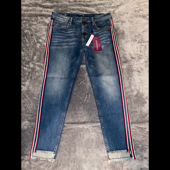 Vigoss Denim - Vigoss Side Stripe Raw Hem Skinny Jeans 32